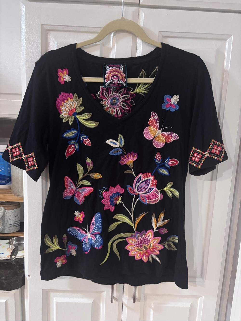 Johnny Was Black Short Sleeve Tee with Colorful Floral & Butterfly Embroidery